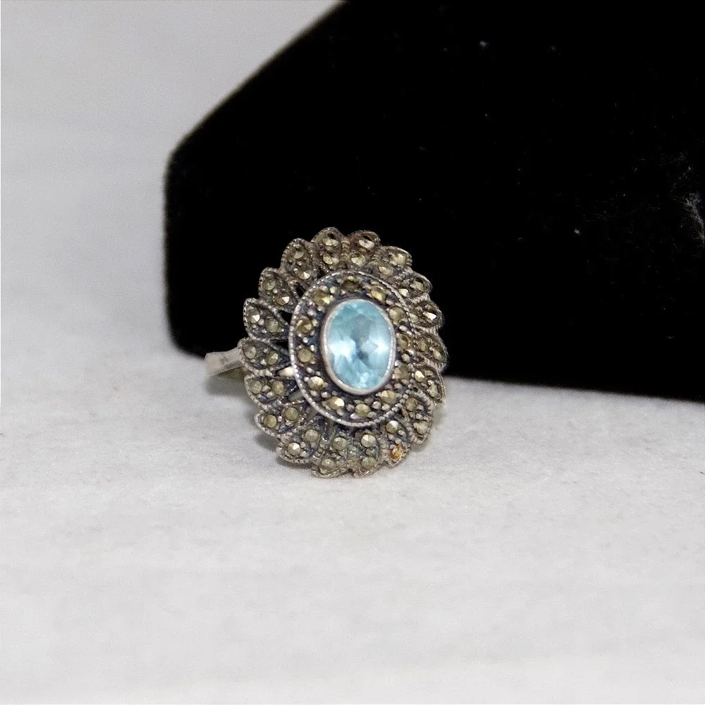Vintage Sterling Silver Blue Topaz Marcasite Art Deco Style Sunburst Ring Size 9